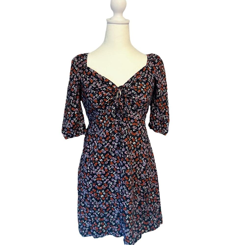Wild Fable Black Floral Dress Puff Sleeves‎ Key Hole Opening w/ Tie Size Small